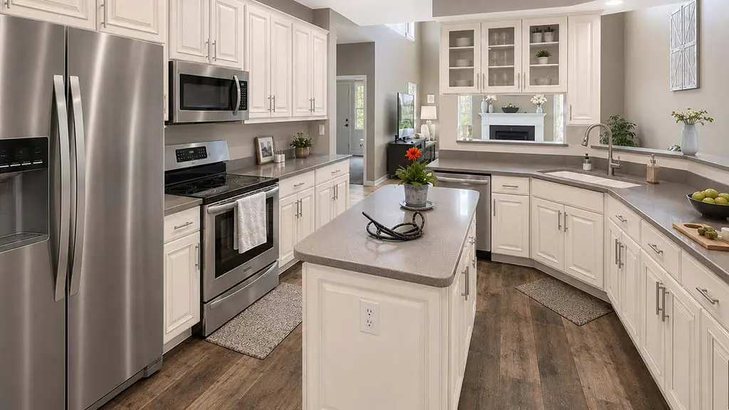 bright modern kitchen with freshly painted white cabinets stainless steel appliances and center island